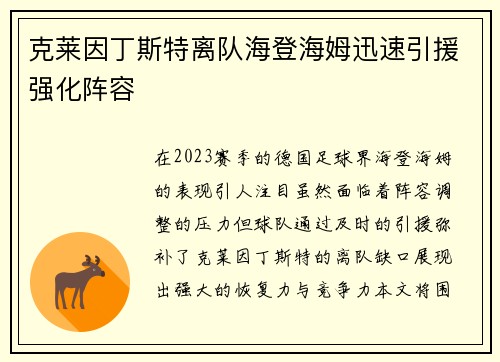 克莱因丁斯特离队海登海姆迅速引援强化阵容